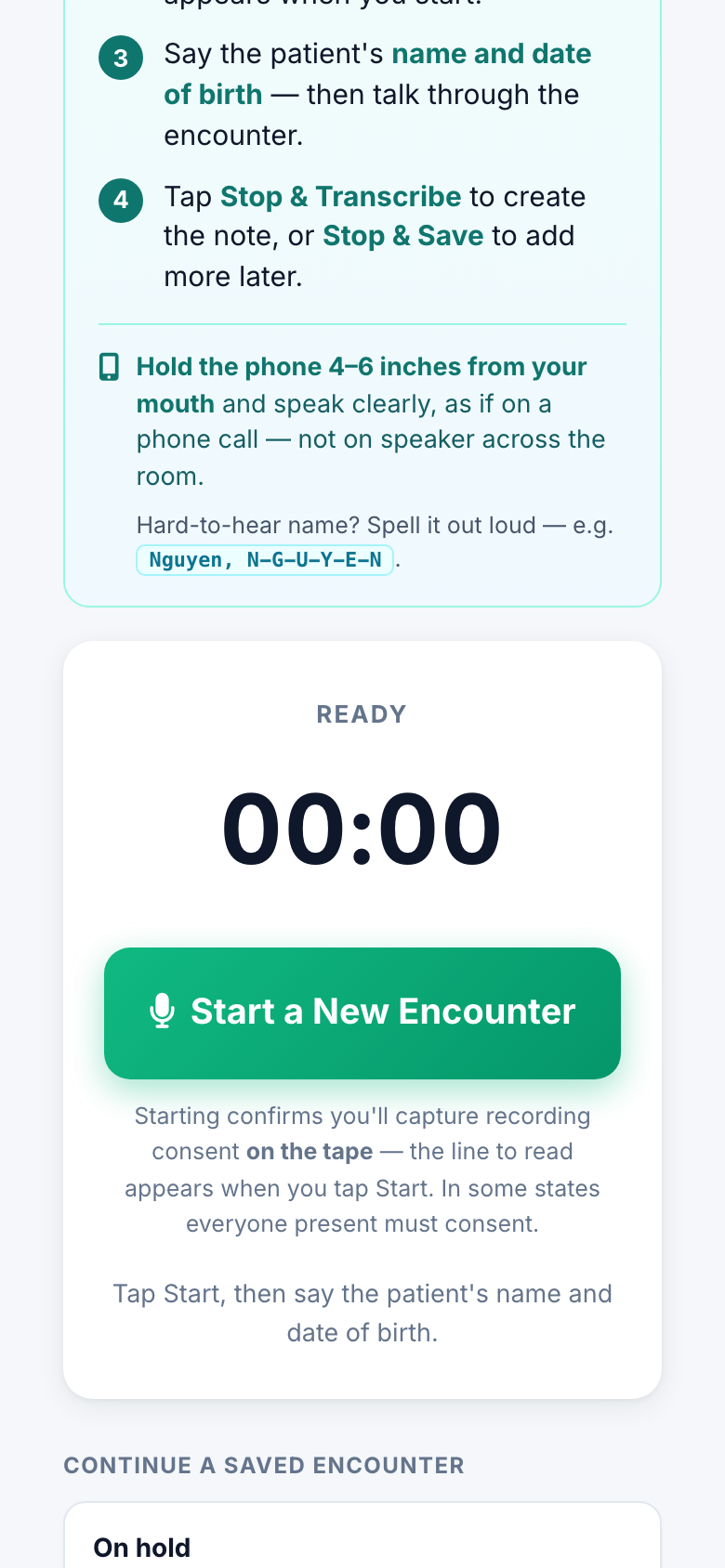 The recording screen: Start a New Encounter