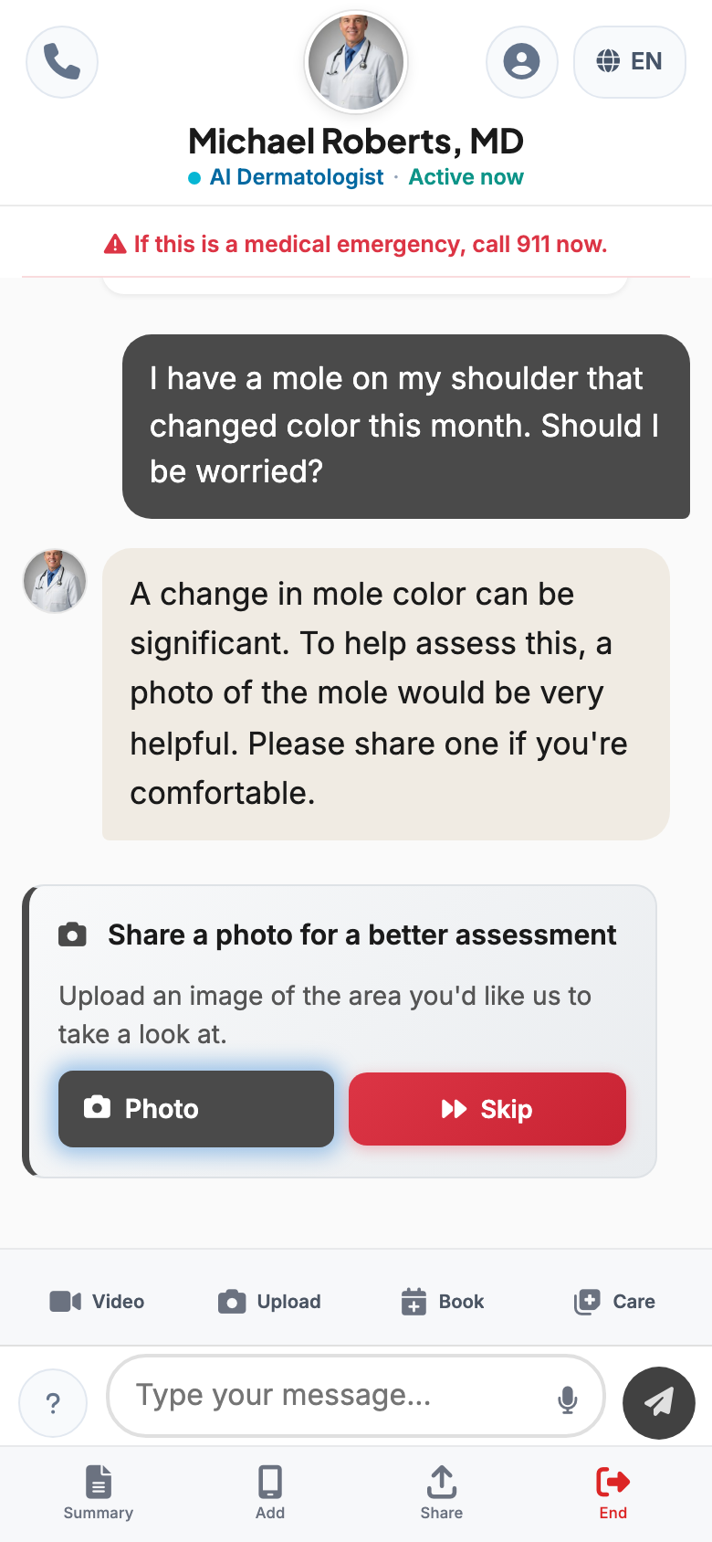 A patient asking about a changing mole, and the practice's AI practitioner answering and asking for a photo